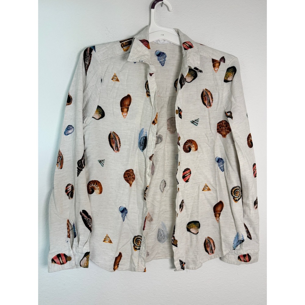 Jane + Delancey Womens Medium Seashell Print Button Down Shirt Coastal Linen
